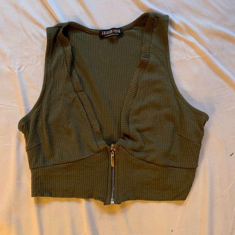 Fashion Nova Khaki Ribbed Zip-Up Crop Top